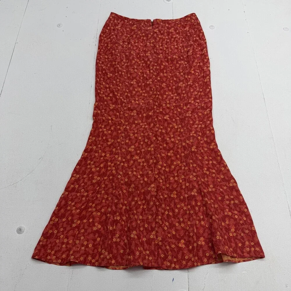 Free People Skirt Womens 2 Red Floral Long Trumpet Chiffon Lined Zip Summer